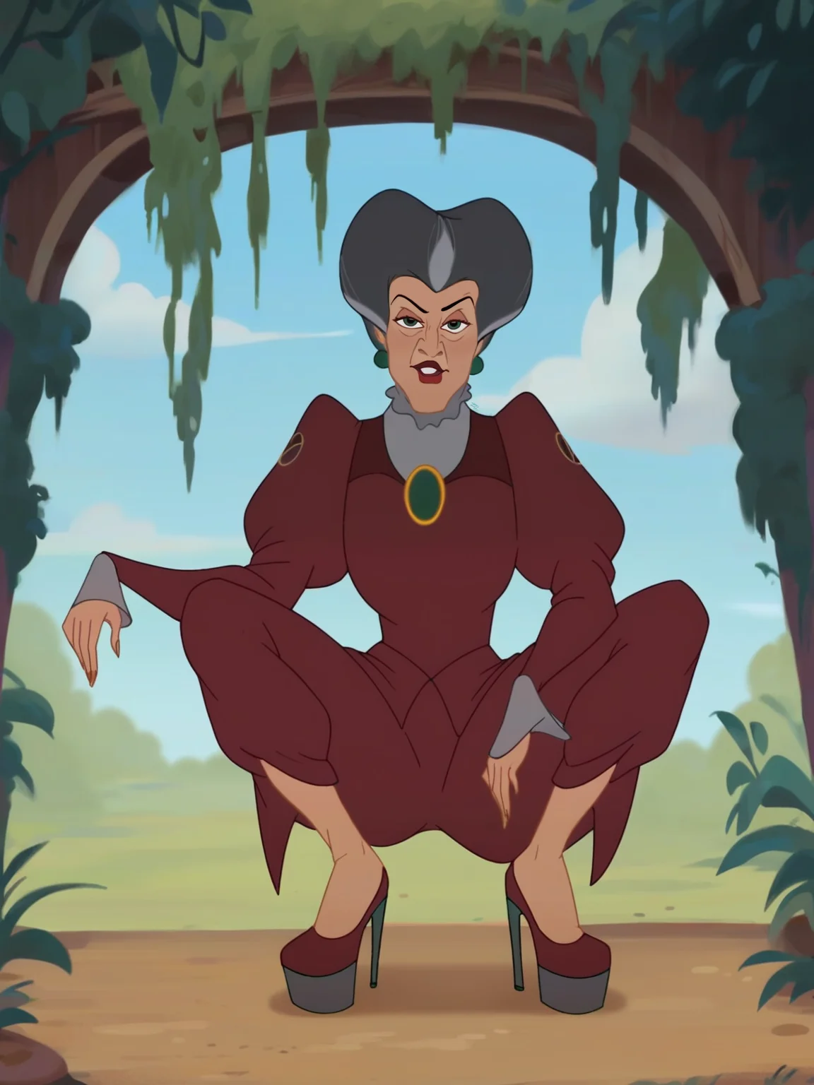 <lora:Lady Tremaine:0.8> l_tr, 1girl, green eyes, gray hair, high heart-shaped pompadour hair, hooked nose, creases on down eyes, red lips, green orb-shaped earrings,
looking at viewer, squatting, front view, spreading legs, platform high heels, score_9, score_8_up, score_7_up,