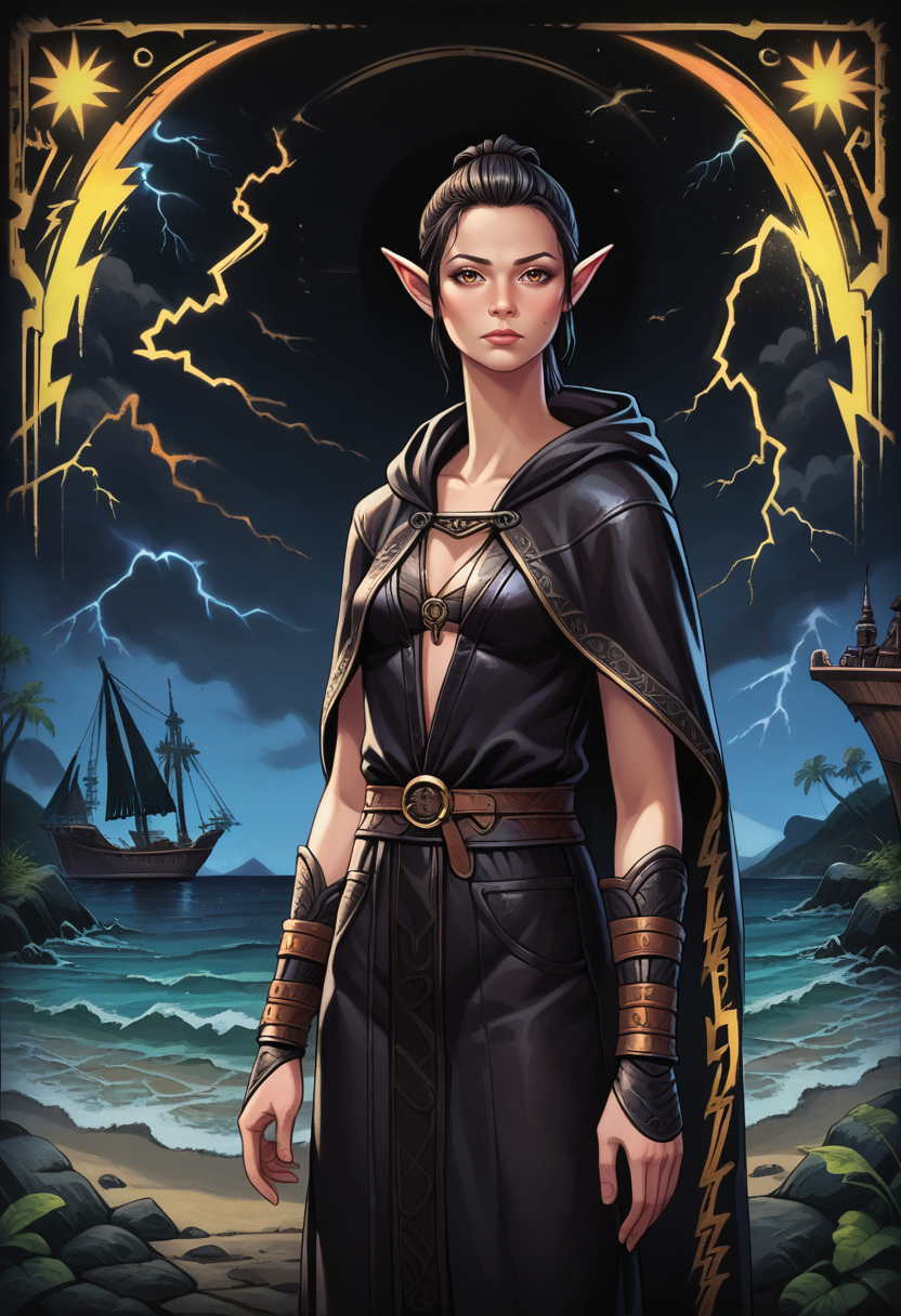 score_9, score_8_up, score_7_up, 1girl, solo, SulfS-S3B1LL3,
pointy ears, black hair, short hair, low ponytail, brown eyes,
skinny, tall,
wizard robe, cape, leather bracers, hooded, yellow lightning,
detailed background, shore, sea, sun, ship,
<lora:Sebille_Kaleran_Divinity_Original_Sin_2-000003:0.7>   <lora:Black_Neon_Graffiti_r1:1> black background, neon graffiti