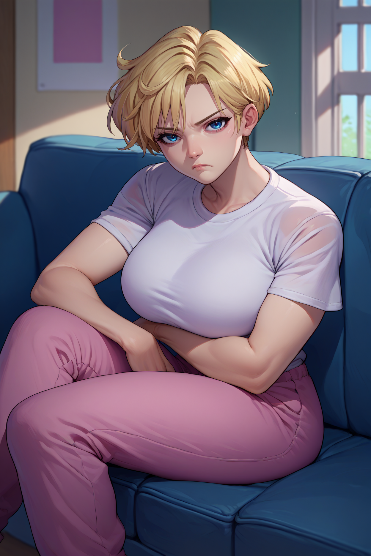 score_9, score_8_up, score_7_up, score_6_up, source_anime, 1girl, solo, <lora:sailoruranus-pdxl-nvwls-v1-000005:1> slrua, blonde hair, short hair, blue eyes, white t-shirt, big breasts, pink pants, indoors, sitting, couch, from side, looking at you, bored