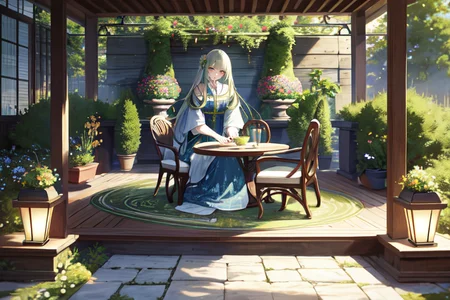 highly insanely detailed, masterpiece, top quality, best quality, highres, 4k, 8k, RAW photo, (very aesthetic, beautiful and aesthetic),  
(code_style,codestyle),(sympattern,geometric pattern:1.2),vignette,geometric pattern wallpaper, 
<lora:CodeStyle (half generic class)_564920:0.5>, 
(1girl:1.3), 1other, 
Garden Pavilion,Tranquil space with a bubbling fountain at its center,lush greenery winding along trellises,mosaic tiles creating intricate patterns on the ground,woven wicker furniture with plush cushions,and the sweet scent of blooming flowers,âââ