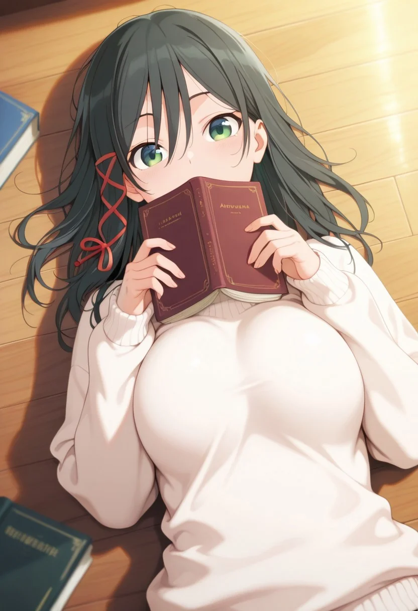 masterpiece,best quality,amazing quality, amagami yae, long hair, black hair, green eyes, 1girl, solo, book, sweater, lying, holding, on back, white sweater, ribbon, hair ribbon, looking at viewer, red ribbon, hair between eyes, holding book