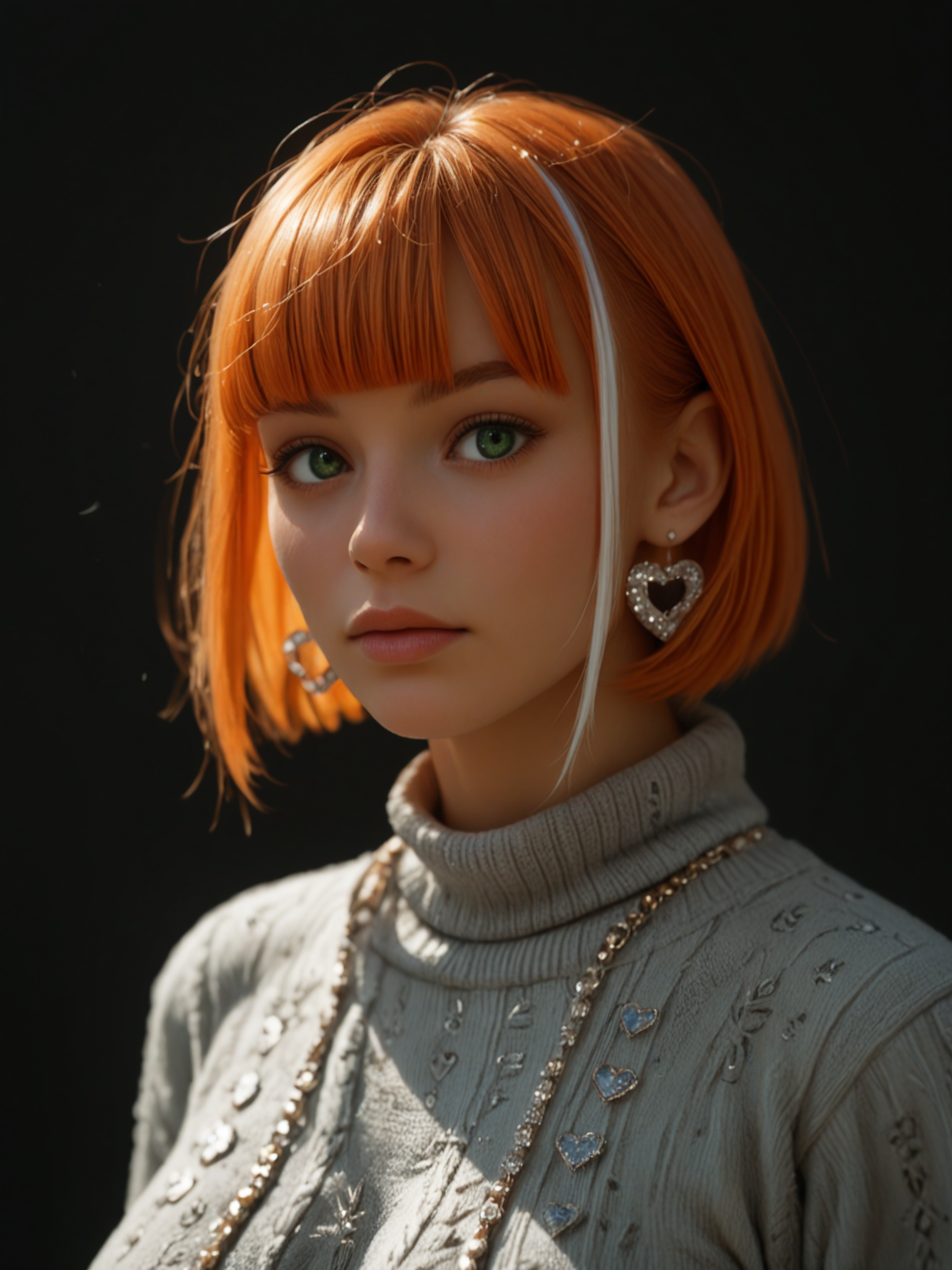 score_9, score_8_up, score_7_up, score_6_up, high quality, high contrast, 1girl, supermodel, portrait, orange hair, short hair, blunt bangs, white highlights, green eyes, large breasts, (white thick knit sweater), rhinestone heart earrings, <lora:rhinestone_heart_earrings_mabusius_pony_v1.1:0.75>, dark background