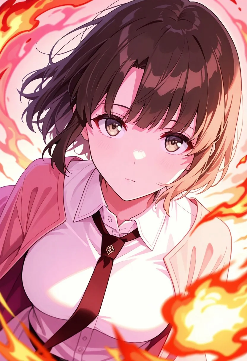 1girl,Megumi <lora:IL-KatoMegumi:0.8>,brown hair,katou megumi,brown eyes,medium breasts,short hair,solo,bioluminescent skin,
close to viewer,dynamic angle,dynamic composition,
robe,collared shirt,necktie,runes,pink,silver,
fire,depth of field,(blended into background),color_blend,ethereal,
very awa,masterpiece,best quality,high quality,good quality,newest,detailed eyes