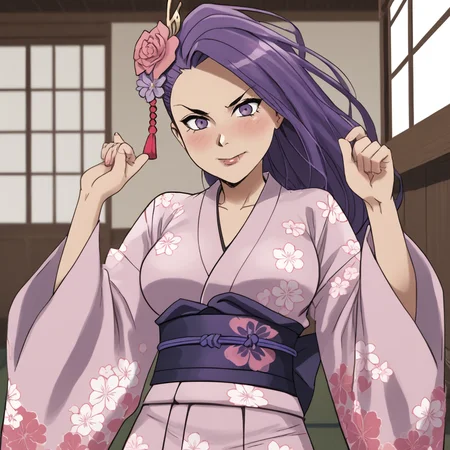 <lora:VampbladePurple_pony_v1:1>KatiePurple, 1girl, purple hair, long hair,  medium breasts, cowboy shot,, japanese clothes, kimono, hair ornament, blush, hair flower, pink kimono, sash, obi, floral print, wide sleeves
