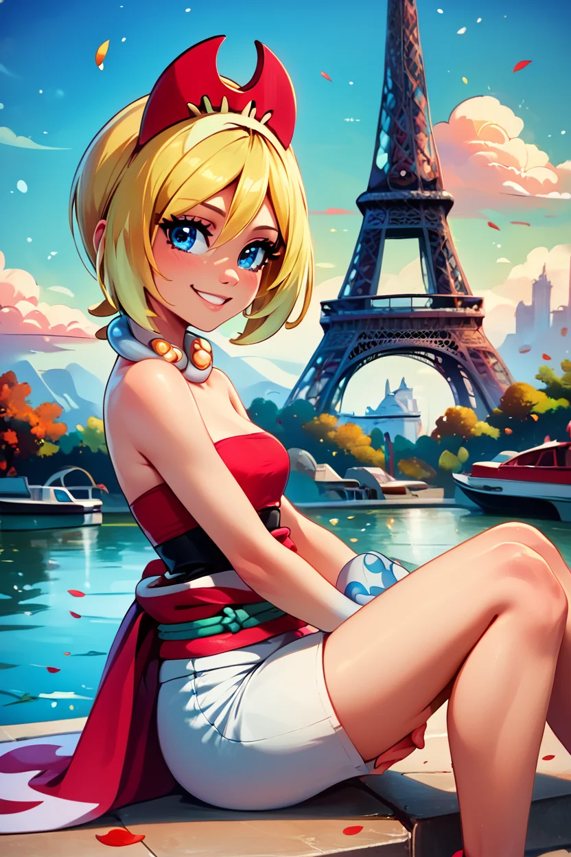 score_9, score_8_up, score_8, medium breasts, (curvy), cute, eyelashes, BREAK, , zzIrida, blonde hair, blue eyes, short hair, bangs, hair between eyes, red hairband, bracelet, neck ring, red shirt, sash, solo, strapless shirt, white shorts, waist cape, <lora:Irida_Pokemon_PDXL_Citron:0.8>, BREAK, zzEiffelTower in background, sitting, watercraft, boat, sitting on wall, side view, looking at viewer, smile, ,,, BREAK, blooming stars, luminescent petals, otherworldly fragrance blurry background, ,,, embedding:zPDXL, Expressiveh, ,,, <lora:EiffelTowerPDXL:1.0>, <lora:CatalystStylePDXL:0.6>, <lora:SDXLFaeTastic2400:0.5>, <lora:Expressive_H-000001:0.4>,