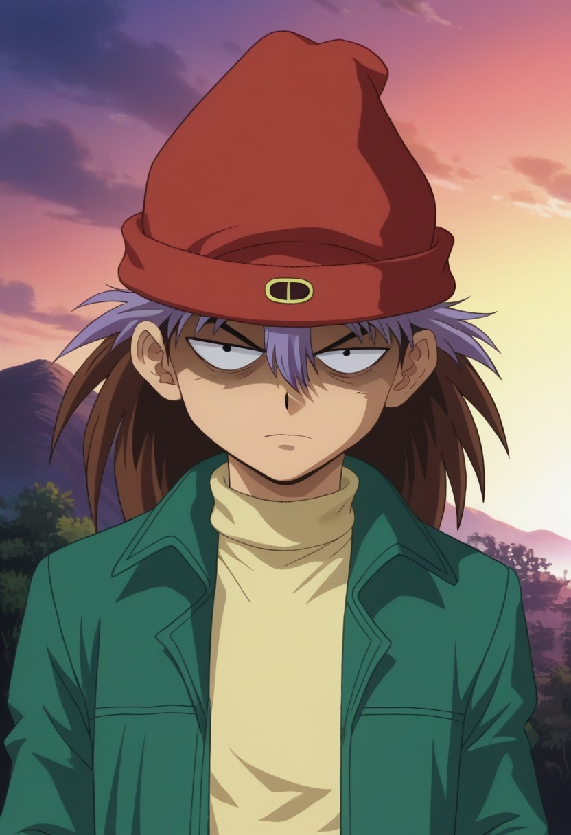 score_9, score_7_up, source_anime
ryuzaki, 1boy, male focus, solo, black eyes, brown hair, long hair, multicolored hair, two-tone hair, brown hair, purple hair, hair between eyes, hat, beanie, red headwear, shirt, yellow shirt, turtleneck, jacket, green jacket, long sleeves, open jacket, open clothes, sad, depressed, shaded face, parody,
outdoor, sky,