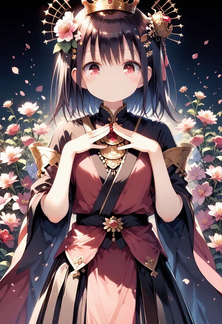 score_9, score_8_up, score_7_up, 1girl,FujisakaLP,high definition eyes, (masterpiece), (best quality), (ultra detailed),(disheveled hair),(illustration), (best shadow), detail1eye, 18 year old beautiful girl, masterpiece, best quality, 8K animation, detailed fingers, precise fingers, not unnatural hands, illustration, 1 girl, solo, pink bob cut, gold crown, flower hair ornament, sagging eyes, red mini skirt, YUI
