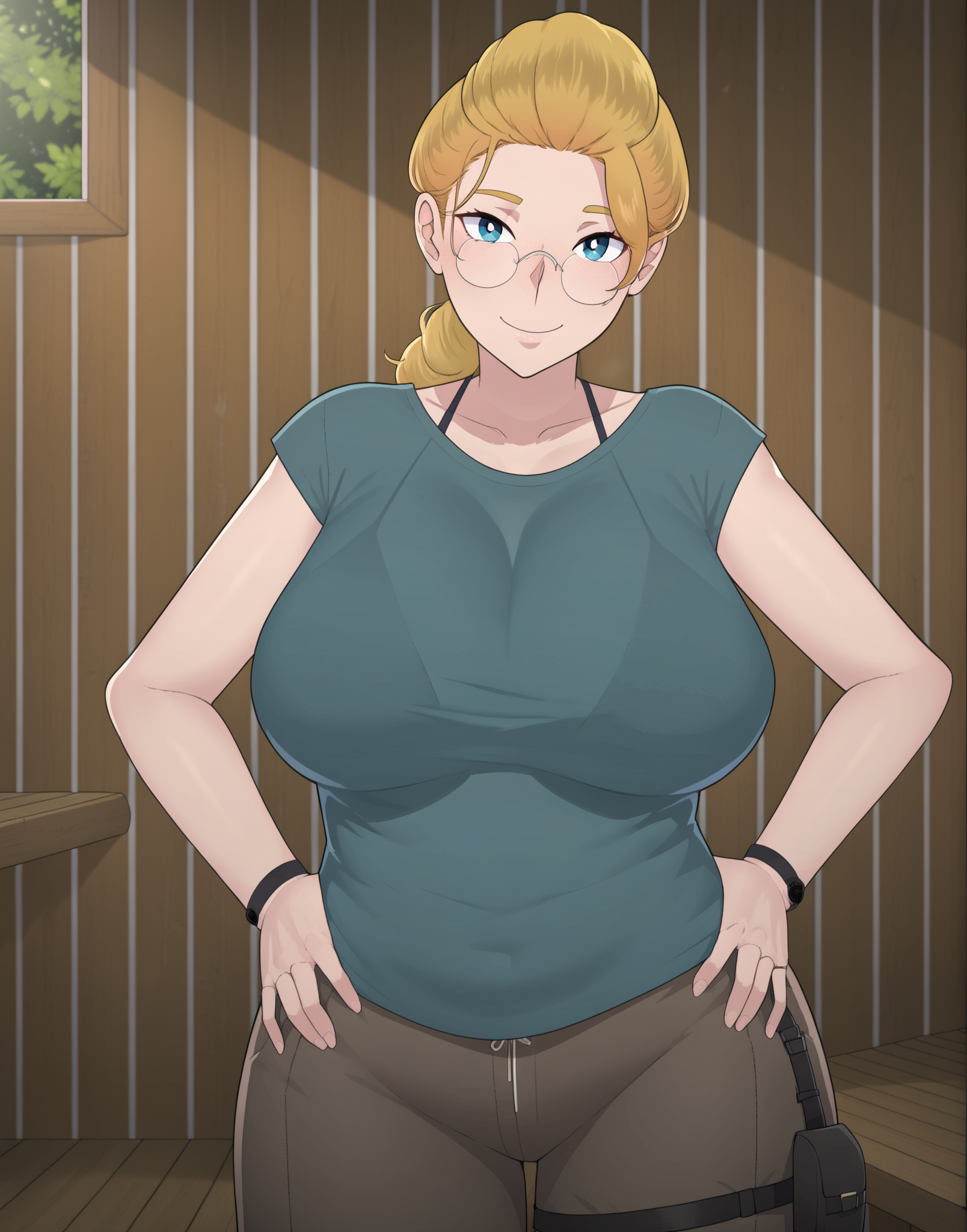clairexl, 1girl, solo,indoors, hut, wooden wall,  long hair, breasts, looking at viewer, smile, blue eyes, blonde hair, shirt, closed mouth, standing, collarbone, short sleeves, cowboy shot,bra strap,  glasses, pants, huge breasts, , hand on hip,  curvy, , mature female, green shirt, holster, brown pants,  rimless eyewear,
masterpiece, best quality, amazing quality, very aesthetic, absurdres,
 <lora:clairexl:1>