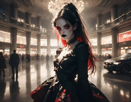 (score_9,score_8_up,score_7_up:1), 1girl, full body, view from above, horror, (dramatic Lighting, cinematic, neon lighting:1.5), astonished, (goth, (black lipstick, black mascara, black eyeshadow)), (soft body), black hair red highlights, hair ponytail style, bangs, choker, eyeshadow)), (albino rough skin), medium breasts,<lora:breasts++-PD-swooping-1.0:1> swooping breasts, (sitting on object), ghostly abandoned mall, (<lora:goth_clothes:1>, vampire dress, black details, red lining), <lora:Niji-Mj_Almost_Realism:1> njmjzkz