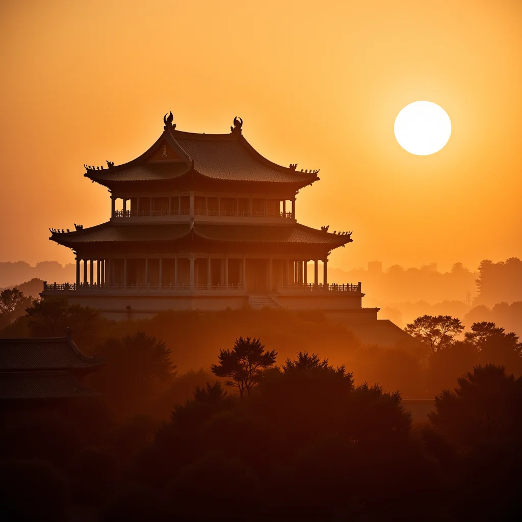 Huayan Temple, an embodiment of Chinese traditional culture and Shanxi's ancient architectural heritage, is captured in a serene scene bathed in the warm hues of the setting sun.
The temple, with its classic Chinese architectural features, stands majestically under the golden light of the sunset. Its tiered roof, ornate eaves, and carved details are accentuated by the soft glow of the declining day, highlighting the temple's historical significance and aesthetic charm.
The image captures the temple's silhouette against a backdrop of the setting sun, casting a warm, orange light that envelops the structure, creating a tranquil and contemplative atmosphere. This scene encapsulates the essence of the Huashan Temple as a spiritual and cultural landmark, with the sunset symbolizing the passage of time and the enduring beauty of China's architectural legacy.
