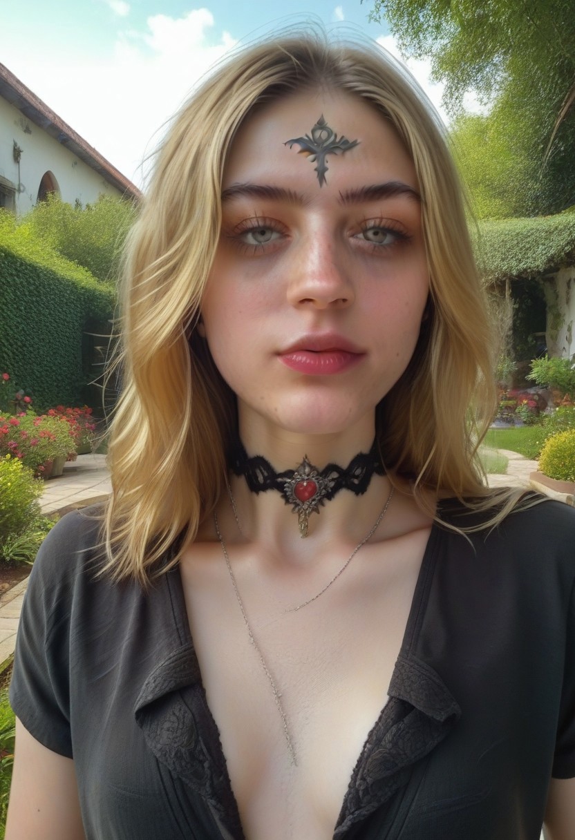 score_9, score_8_up, score_7_up, andrea, solo, 1girl, (tight shirt), braless, breasts apart, small breasts, garden, outdoors, choker 
bela, 1girl,  blonde hair, , jewelry, long hair, necklace, , looking at viewer