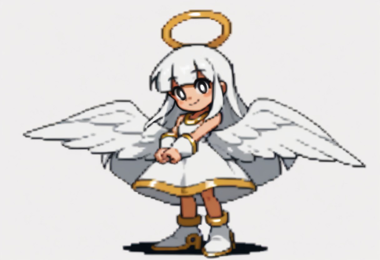 score_9, score_8_up, score_7_up BREAK RollMvC, 1girl, white hair, blunt bangs, gold headband, white eyes, full body, angel girl, tall, skinny, smile, looking at viewer, angel outfit, angel dress, white gold high-heeled boots, angel wings, gold halo, solo, solo focus, heaven background,