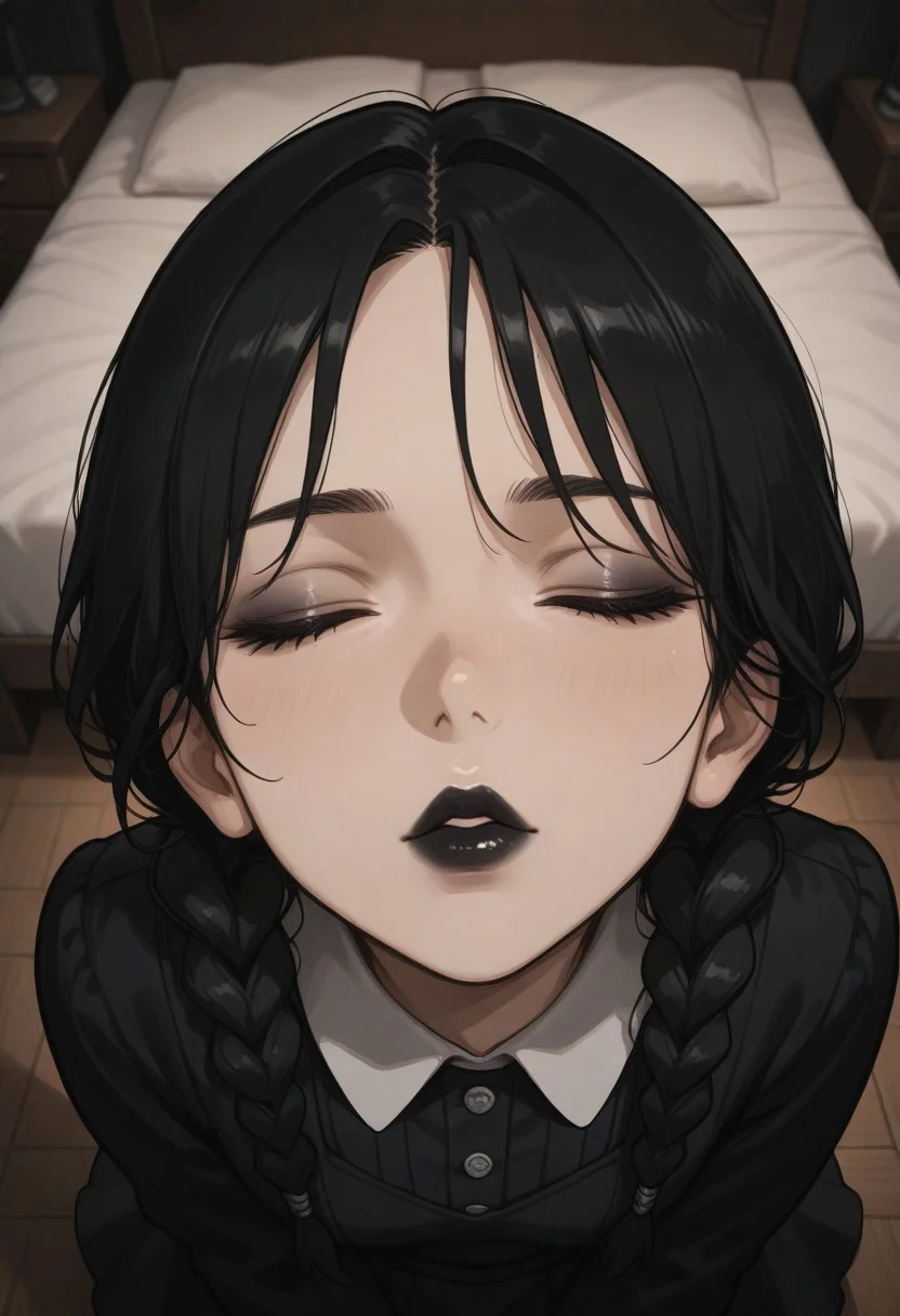 masterpiece, by piaki,  best quality, very detailed, 
1 girl, wednesday addams, black hair, black lipstick, goth, black dress, twin braids, closed eyes,
indoor, bedroom, 
Close-up, mouth focus, very close-up, lip gloss, glossy lips, extremly close-up, high angle, from above, kissing face, imminent kiss,