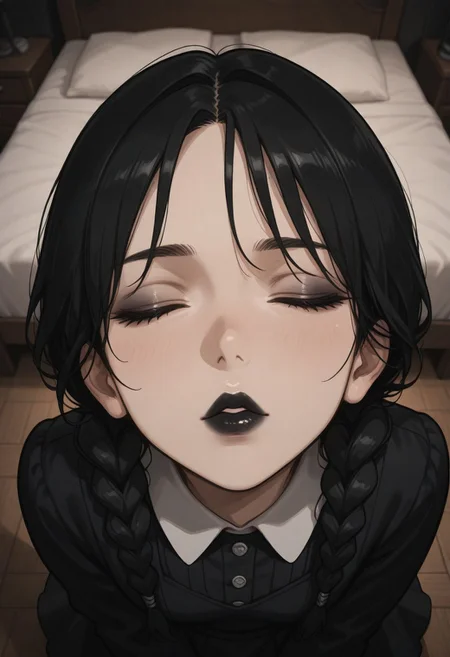 masterpiece, by piaki, best quality, very detailed,
1 girl, wednesday addams, black hair, black lipstick, goth, black dress, twin braids, closed eyes,
indoor, bedroom,
Close-up, mouth focus, very close-up, lip gloss, glossy lips, extremly close-up, high angle, from above, kissing face, imminent kiss,