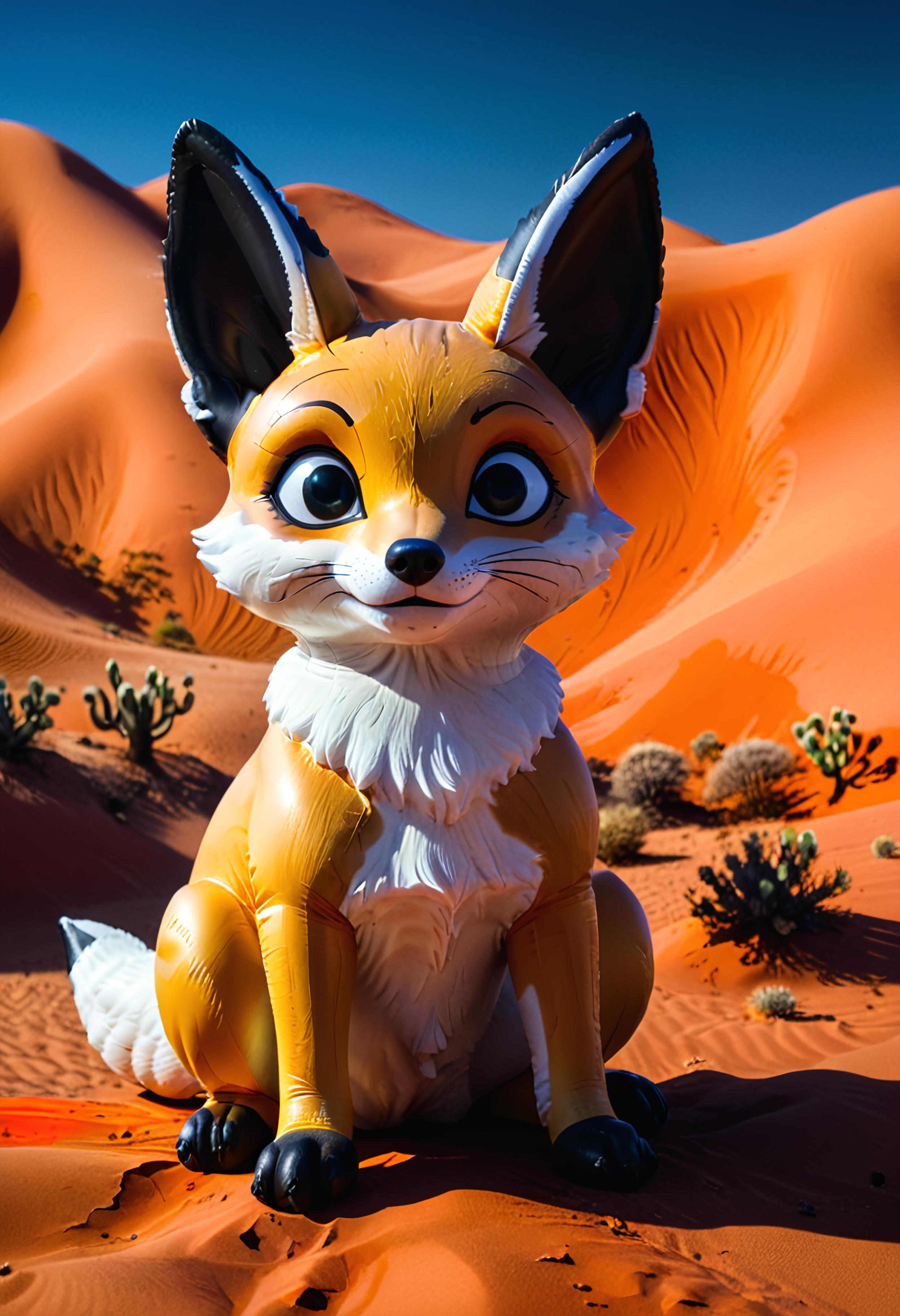 shnywrld, inflatable, nature, colorful, a (shnywrld fat fennec fox), cartoonish, in the desert.  <lora:shinyworld:.8>  <lora:zavy-cntrst-sdxl:.8> dark, chiaroscuro, low-key <lora:xl_more_art-full_v1:.8>