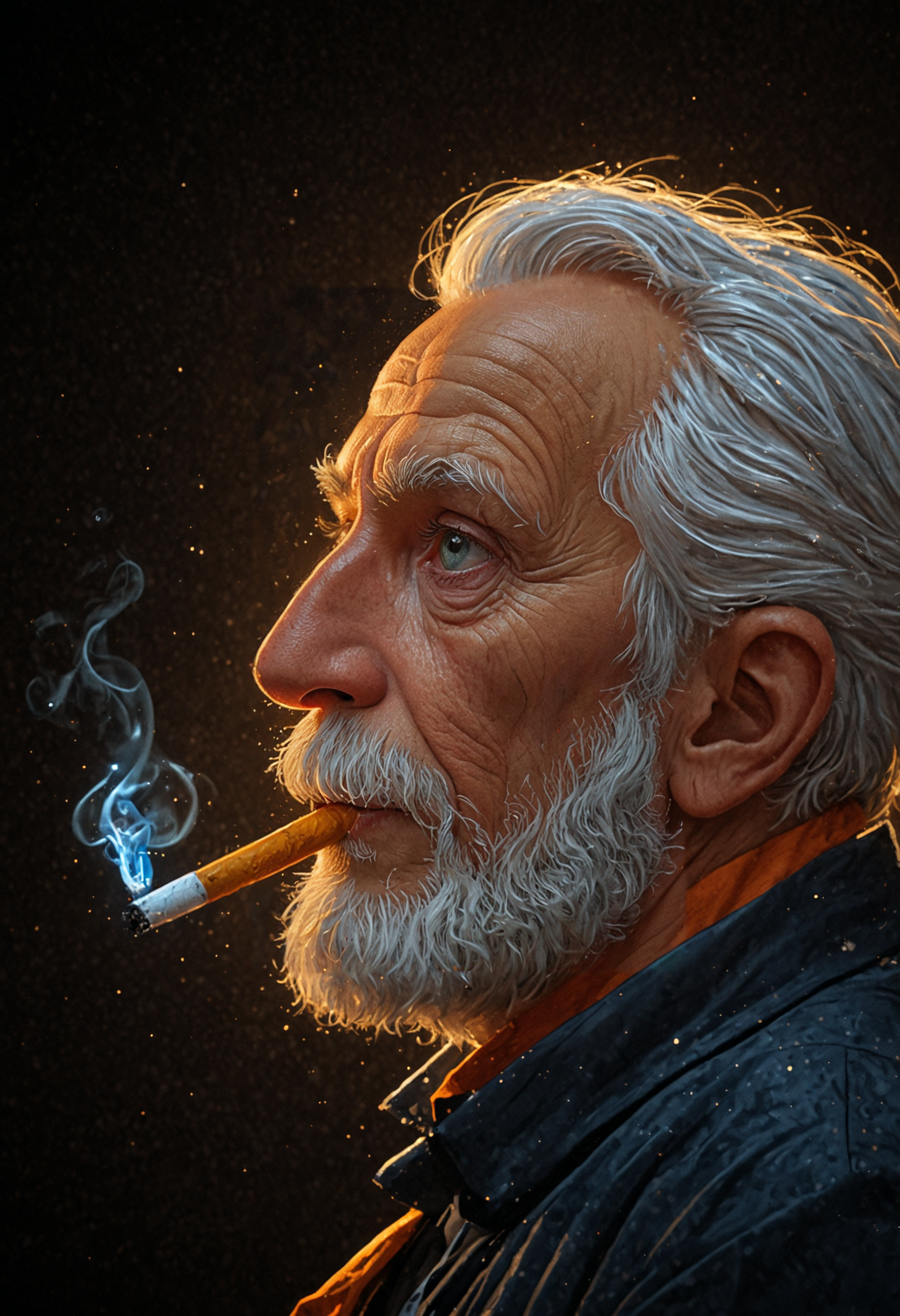 An Oldman, smoking cigarette, translucent, vibrant, extreme detail, night, rim lighting, black gradient bokeh background, blue/orange tones, glow, 8k  <lora:sss:1>, oil painting art style, rich colors, lush textures, expressive brushwork, blendable layers, dynamic compositions, professional-grade finish, versatile medium, timeless elegance, immersive depth, vibrant hues, intricate detailing, adds depth and dimension, Magic realism painting art style, surreal compositions, vibrant colors, blurs the line between reality and fantasy