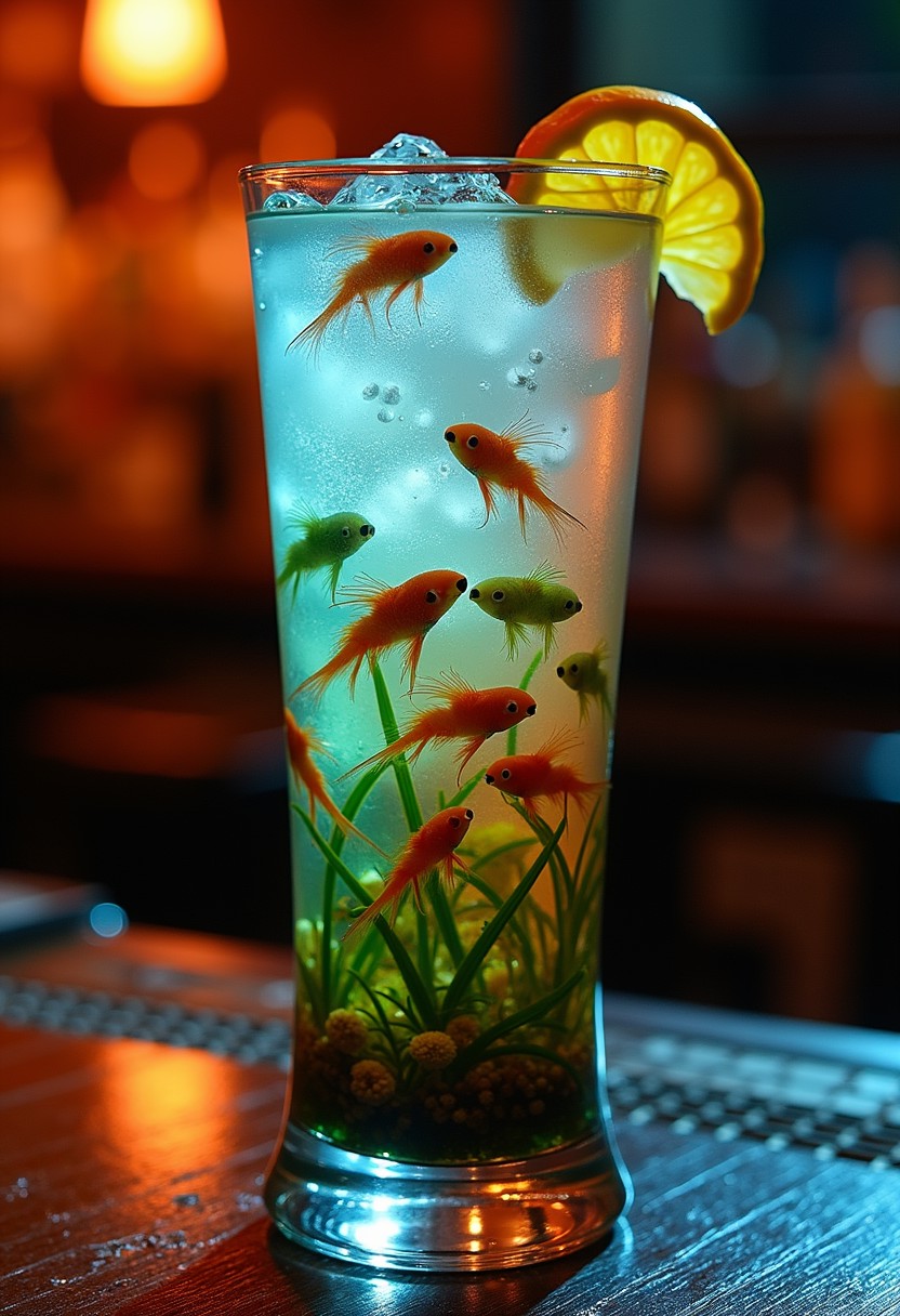 When I drink this cocktail I feel like I am drinking a whole ecosystem. Colorful creatures swim in its tall crystal clear glass. The backlight in the pub makes them so much more interesting.