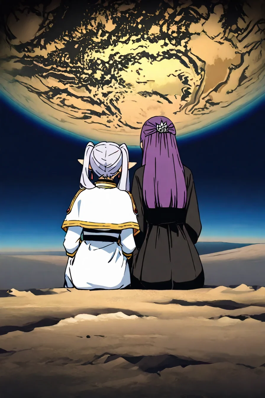 <lora:sitting_couple_IllustriousXL-000006:1>,masterpiece, highres, sitting , side-by-side, earth (planet), from behind, sitting on lunar surface, from behind, from behind, BREAK <lora:fern-s1-ponyxl-lora-nochekaiser:0.6>, 1girl, fern, long hair, bangs, purple hair, sidelocks, blunt bangs, bright pupils, half updo, long sleeves, dress, white dress, long dress, robe, black robe, BREAK <lora:frieren-ponyxl-lora-nochekaiser:0.6> ,1girl, frieren, long hair, twintails, grey hair, pointy ears, elf, shirt, long sleeves, jewelry, pantyhose, earrings, striped, black pantyhose, capelet, white striped shirt, skirt, white skirt,
