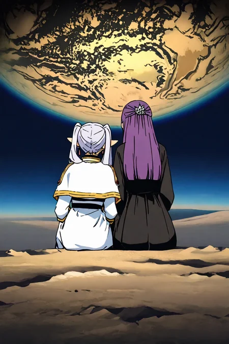 <lora:sitting_couple_IllustriousXL-000006:1>,masterpiece, highres, sitting , side-by-side, earth (planet), from behind, sitting on lunar surface, from behind, from behind, BREAK <lora:fern-s1-ponyxl-lora-nochekaiser:0.6>, 1girl, fern, long hair, bangs, purple hair, sidelocks, blunt bangs, bright pupils, half updo, long sleeves, dress, white dress, long dress, robe, black robe, BREAK <lora:frieren-ponyxl-lora-nochekaiser:0.6> ,1girl, frieren, long hair, twintails, grey hair, pointy ears, elf, shirt, long sleeves, jewelry, pantyhose, earrings, striped, black pantyhose, capelet, white striped shirt, skirt, white skirt,