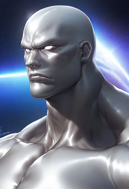 score_9, score_8_up, score_7_up, source_cartoon, solo, 1boy, ma_surfer, silver skin, bald, white sclera, muscular, portrait, bara, huge pecs, side view, space, serious, face and pecs focus,