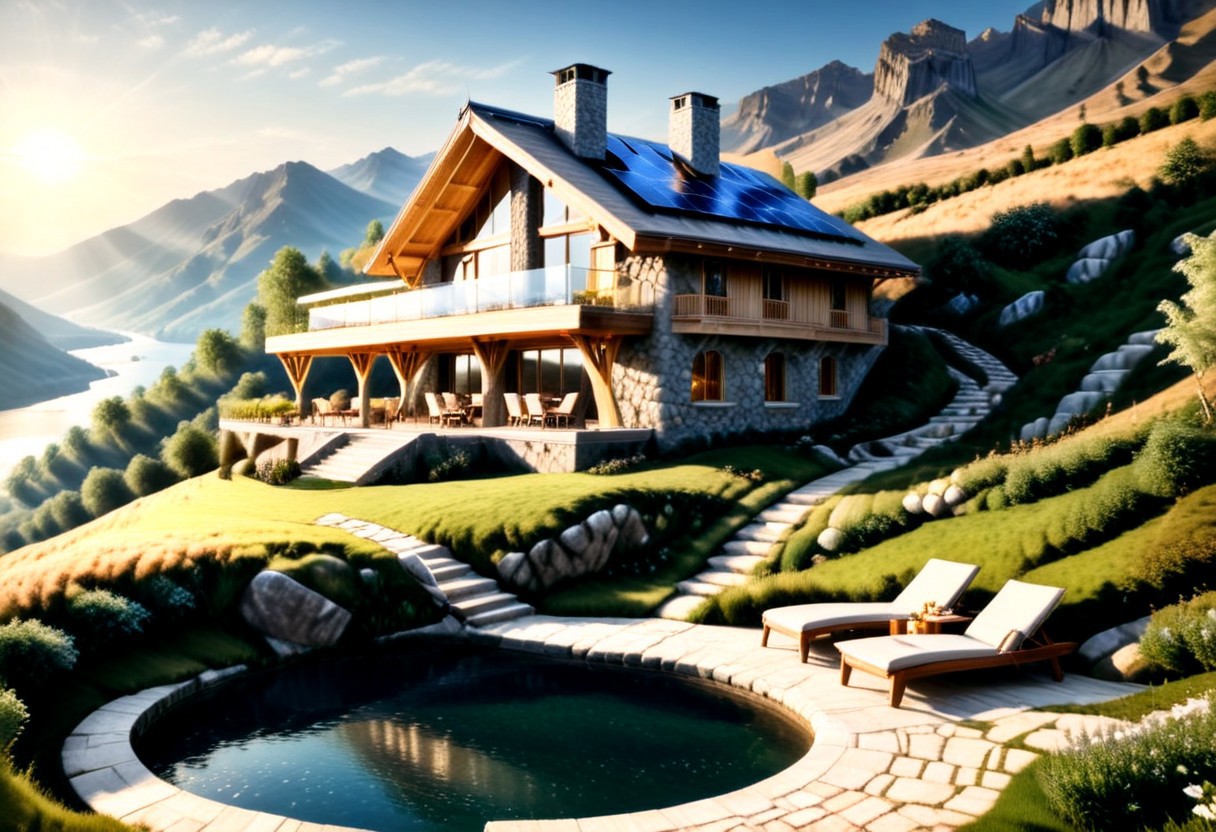ultra-realistic image with high resolution and stable focus, correct and accurate anatomy, correct and accurate objects, different perspective, perfect detail, of architectural style of a house built of stone and wood merged with nature and designed for ecological neutrality, over a hill in the mountains, wide porch, table and chairs, barbecue, fire pit, swimming pool, dug into the rocks, grass covered roof, steps, stone path, waterfall, lake, river, ultra realism, photo realism, single story, multi story, pitched, wind generators, solar panels, sunset, birds in the sky
