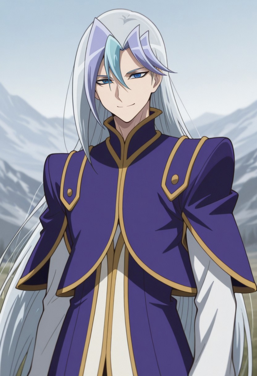masterpiece,best quality,amazing quality, source_anime, 
chrisArclight, 1boy, male focus, solo, blue eyes, multicolored hair, grey hair, blue hair, long hair, shirt, white shirt, coat, purple coat, outdoor, smile, closed mouth,
