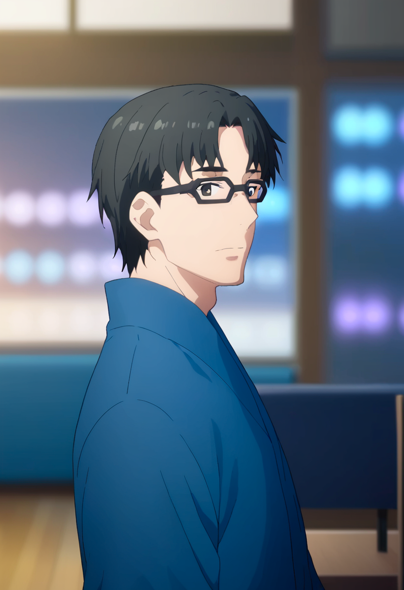 score_9,  <lora:kikuoka_seijirou:1> kikuoka seijirou, anime coloring, black eyes, black hair, blue shirt, blurry background, from side, glasses, indoors, kikuoka seijirou, kimono, long sleeves, looking at viewer, male focus, multiple boys, shirt, solo