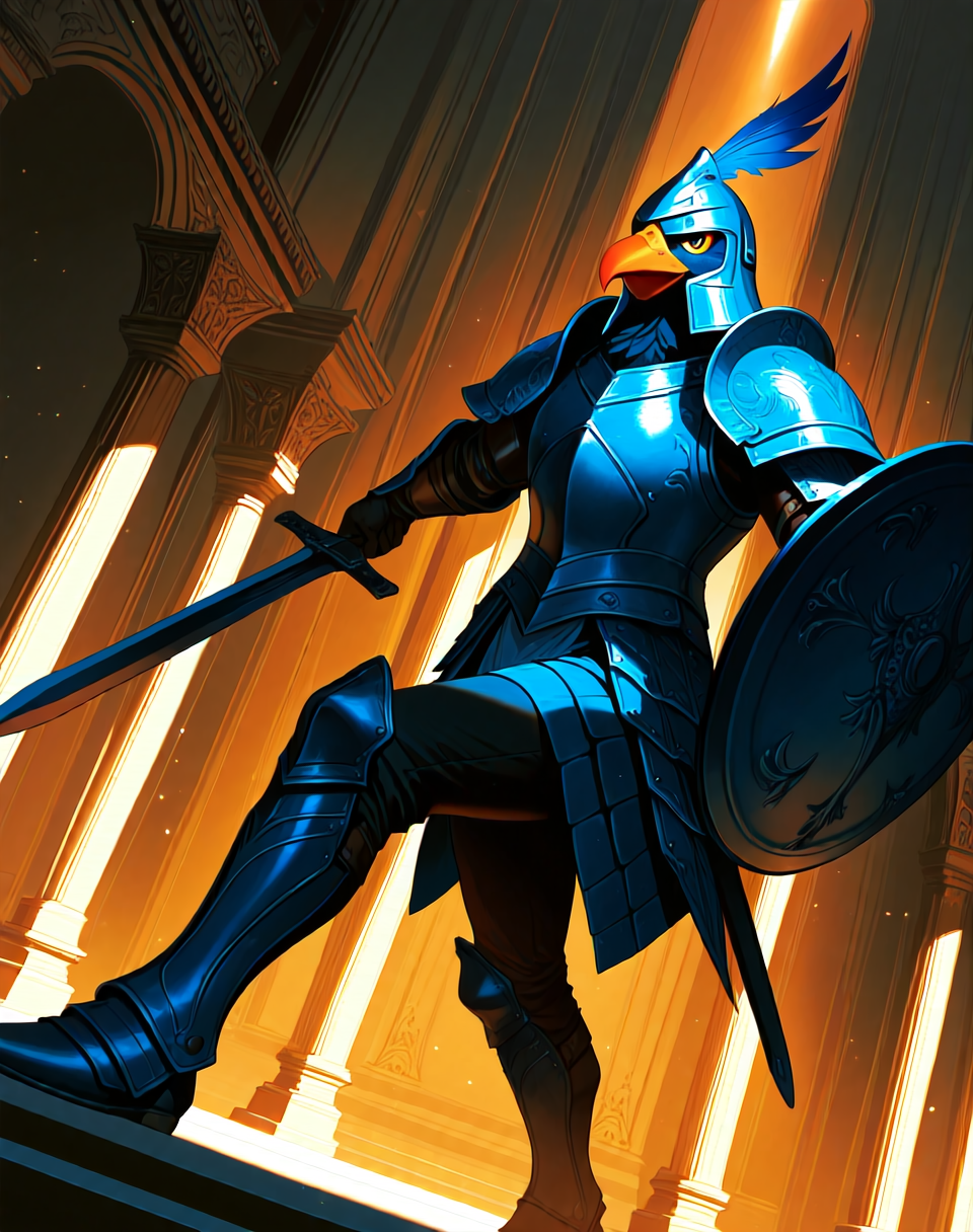 <lora:Fokka_(Zelda_2)_(Illustrious)_(AD):1> Fokka, birdmen, armor,
dutch angle, dynamic action, bent leg,
male focus, intense shadows, dynamic shadows and lighting, intricate details, attention to details, gradient coloring, interior, palace, beak, helmet, sword, shield, blue armor, 
EZRealPONYXL, zPDXL, Smooth Quality, lazynsfw,