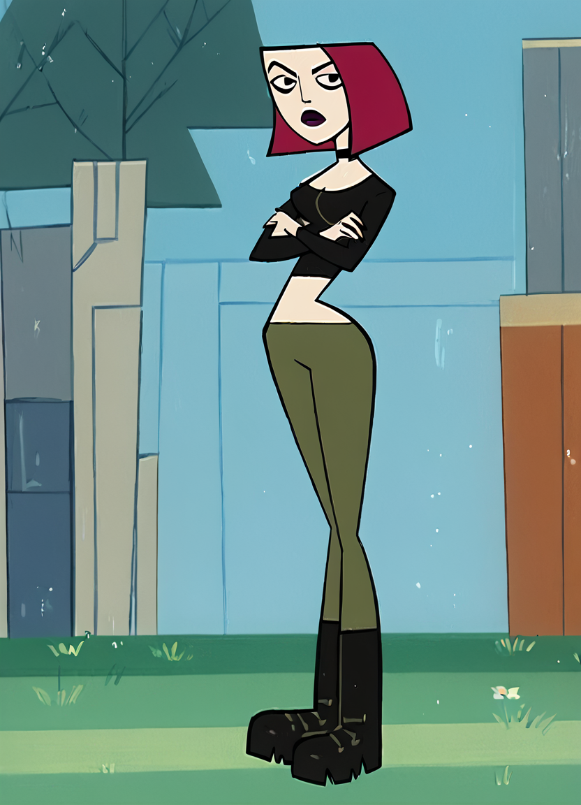 joan, 1girl, solo, red hair, short hair, breasts, lipstick,boots,  choker, crop top, midriff, green pants, black eyes,boots,  score_9, score_8_up, score_7_up, score_6_up, score_5_up, score_4_up, looking at viewer, crossed arms, cowboy shot,outdoors,  <lora:JoanCHPony1.0:1>