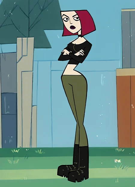 joan, 1girl, solo, red hair, short hair, breasts, lipstick,boots, choker, crop top, midriff, green pants, black eyes,boots, score_9, score_8_up, score_7_up, score_6_up, score_5_up, score_4_up, looking at viewer, crossed arms, cowboy shot,outdoors, <lora:JoanCHPony1.0:1>