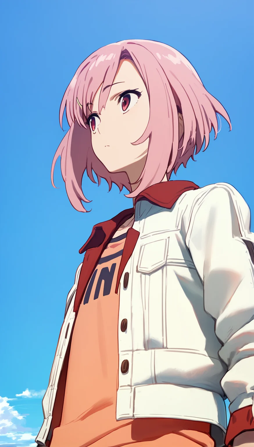 score_9,score_8_up,score_7_up,
<lora:yoshinokoharu:0.9>,
yoshinokoharu,
1girl,solo,pink hair,short hair,bangs,red eyes,looking to the side,white jacket,orange tank top,portrait,from below,outdoors,blue sky,hill,cloud,bloom,