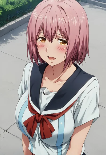 score_9_up, score_8_up, score_7_up, renakitayama, masterpiece, best quality, deep skin, 1girl, bangs, blue sailor collar, blush, brown eyes, collarbone, eyebrows visible through hair, looking at viewer, neckerchief, open mouth, pink hair, sailor collar, school uniform, shirt, short hair, solo, cowboy shot, from above, outdoors, standing female, smiling, huge breasts
