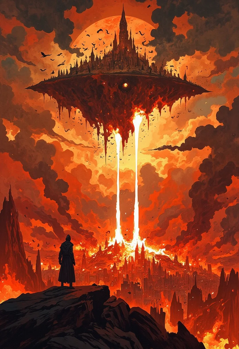 Image is a digital artwork depicting a dramatic and apocalyptic scene. The layout is a wide landscape orientation, showcasing a fiery, chaotic environment. The sky is dominated by a warm, orange hue, with dark clouds and a setting sun partially obscured by smoke. In the foreground, a lone figure in dark armor stands on a hill, observing the destruction below. The middle ground features a city engulfed in flames, with several buildings visibly burning. A large, floating castle hovers above the city, emitting two bright beams of light directed towards the ground, suggesting a magic attacks being shoot at the city below. Swarms of birds or debris are scattered across the sky, adding to the sense of chaos. The overall color palette is dominated by reds, oranges, and blacks, enhancing the apocalyptic atmosphere.