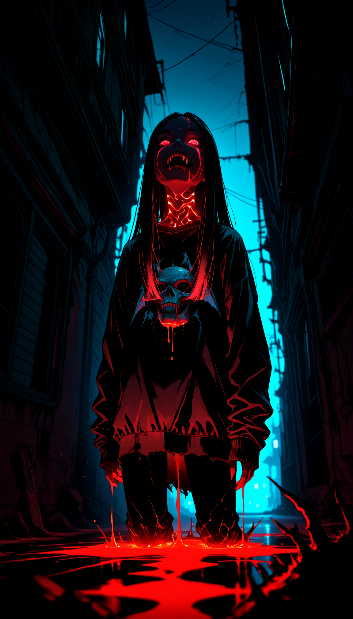 NLSTN, glowing, dark, masterpiece, best quality, 1girl, punk vampire, elongated sharp fangs, fresh blood splatter on lips and chin, smoldering gaze, dark smoky eye makeup, detailed facial features, (long straight hair),(black hair with neon highlights), wearing a (plain_white:1.3) long sleeve t-shirt, shirt un tucked, torn hem, sleeves past wrists, full_body_shot, angle shot, interesting composition, dynamic _pose, dynamic angle, downtown alleyway at night, dim neon lighting, gritty urban decay, film grain, high contrast, rich blacks, dramatic shadows, (shallow depth of field), subject focus, background out of focus, hyper-detailed texture, cinematic composition, 35mm photography, cinematic composition,  <lora:reij-hrtglwIL:0.4> hrtglwIL, glowing body, <lora:NLSTN:1>