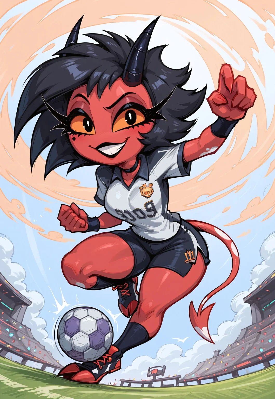 masterpiece, score_9_up, score_8_up, score_7_up, score_6_up, (best quality:1.1), ultra-detailed, high resolution, solo, highly detailed macro illustration, millie, helluva boss, smile, imp tail, horns, red skin, large front teeth, thick thighs, bottom heavy, cute, long eyelashes, orange sclera, (beautiful detailed eyes), cheerful facial expression, black soccer uniform, sports shoes BREAK action pose, soccer game, kicking ball, flipping off viewer, Outdoors, BREAK Highly Visible, sharp focus, perfect lighting, anatomically correct, extremely detailed, high detail, Expressiveh, detailed background, zPDXL3