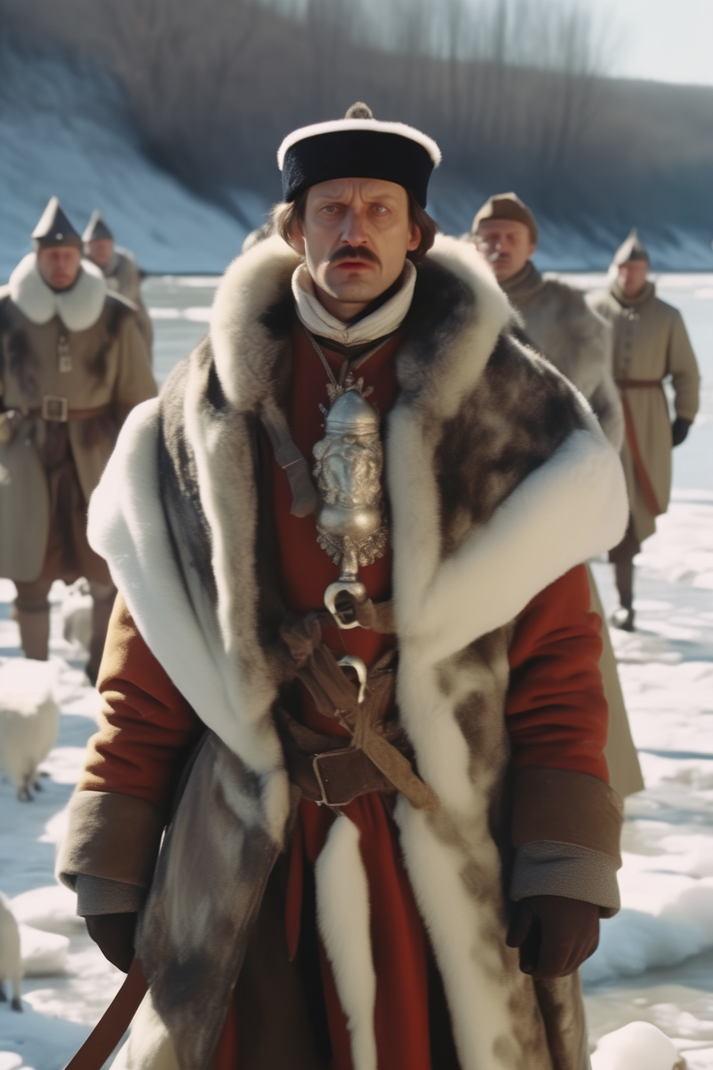<lora:Director Emir Kusturica style:1>Director Emir Kusturica style - Sharp focus 50mm cinematic film still, late medieval historical drama, over-the-shoulder shot of an English explorer wearing an ermine cloak and carrying a bundle of maps, on the banks of the Ob River in Spring, with large blocks of melting ice floating by, giving orders to a group of Russian soldiers, bright sunlight, bold color grading, commanding energy, elaborate details, majestic ambiance, period piece, 4k