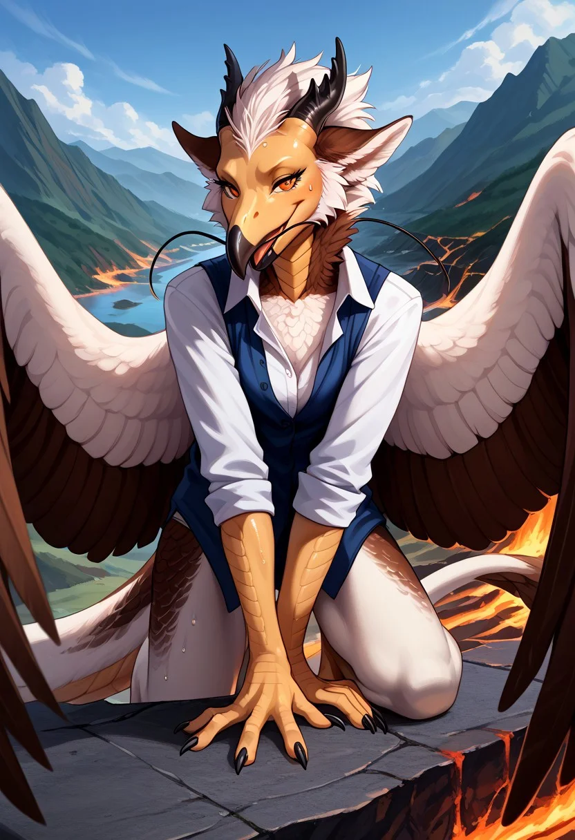 score_9, score_8_up, score_7_up, (by shinodage), outdoor, (((seductive, sexy, sweat, horny))), dutch angle, high quality, hires, anthro, detailed background, detailed eyes, emotional, easynegative, Split Lighting style, pose, anthro, feral, volcano background, 
eva_ozawk, avian, solo, wings, 1girl, tail, horns, feathered wings, talons, clothed, white hair, claws, bird tail, digitigrade, duo, sex, 1girl, 1boy