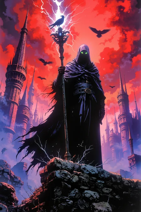A dynamic digital painting depicts a shadowy figure with long, flowing robes standing on a crumbling bridge, overlooking a vast, mist-covered city that sprawls beneath an eerie, crimson sky. The figureâs ornate staff, adorned with ancient carvings, is held high as ethereal energy pulses through its length, crackling in shades of violet and electric blue. Below, twisted ruins and spiraling towers rise from the fog, their tops disappearing into the swirling clouds. Glowing, spectral ravens circle the figure, their haunting eyes casting an otherworldly green light onto the stones. Faint, ominous shapes move in the mist below, as the figure's glowing eyes gaze down with both wisdom and malice, overseeing the forsaken city.<lora:Vintage comic book:1.5>