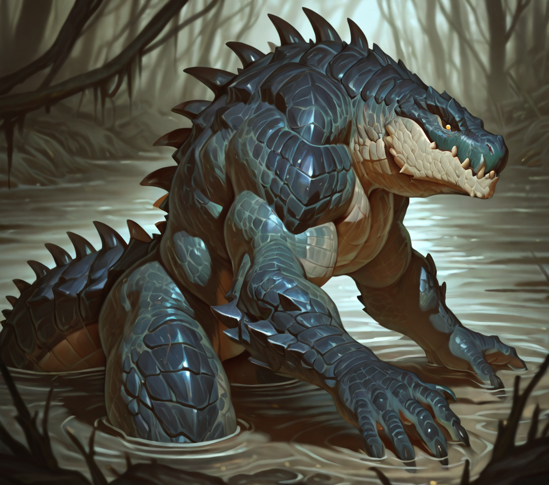 detailed face, detailed body, detailed background, perfect hands, perfect anatomy, masterpiece, high quality, best quality,
solo, swimming, swamp, mostly submerged, 
Cr0c, (monster), (creature), reptile, scales, plated scales, spikes, back spikes, spiked spine, sharp teeth, tail, claws, muscular, arm spikes, thigh spikes, shoulder spikes, 
<lora:Croc_for_Illustrious:0.8>