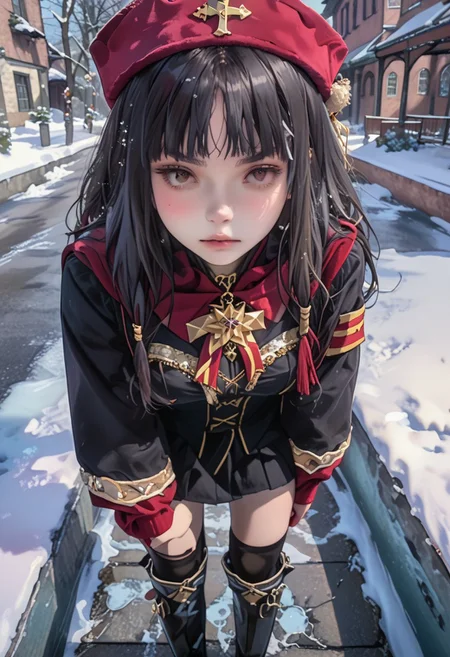 score_9_up, score_9, score_8_up, score_7_up, rating_explicit, 1girl, beautiful, cute, kawaii, young woman,
cozy winter ensemble with modern flair, she holding Love message give it to the viewer, little delicate snowflakes above the head, blushing, (shy:0.9), (confounded:0.6),
male pov, detailed background, source_anime, anime,
frosted alley between snow-dusted buildings, icy pathway, near a warmly lit winter cafe,
Valentine's atmosphere, twinkling snowflakes, male pov, she leaning forward to pov,
crisp snowy boulevard, standing, sfw,, Sekai Seifuku, Long black hair, Red eyes, Hime cut, Pale skin, Red military uniform, Black thigh-high socks, Black boots, Gold emblem on hat, Dominatrix-style outfit, Crown, See Description "Triggers and CLothes Prompts"
