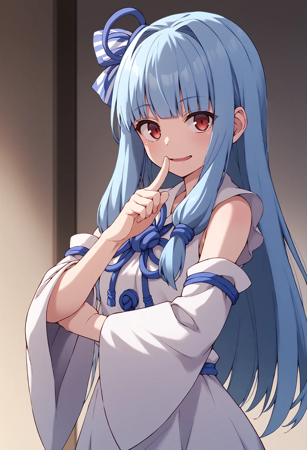 score_9, score_8_up, score_7_up, score_6_up, score_5_up, score_4_up, source_anime,
BREAK,
1girl, solo, looking at viewer,
<lora:kotonoha_aoi_ponyXL_v1:1> kotonoha aoi, long hair, blue hair, ribbon, red eyes, blunt bangs, sidelocks, white dress, detached sleeves, blue ribbon,
<lora:smirk_concept_ponyXL_v3:2>