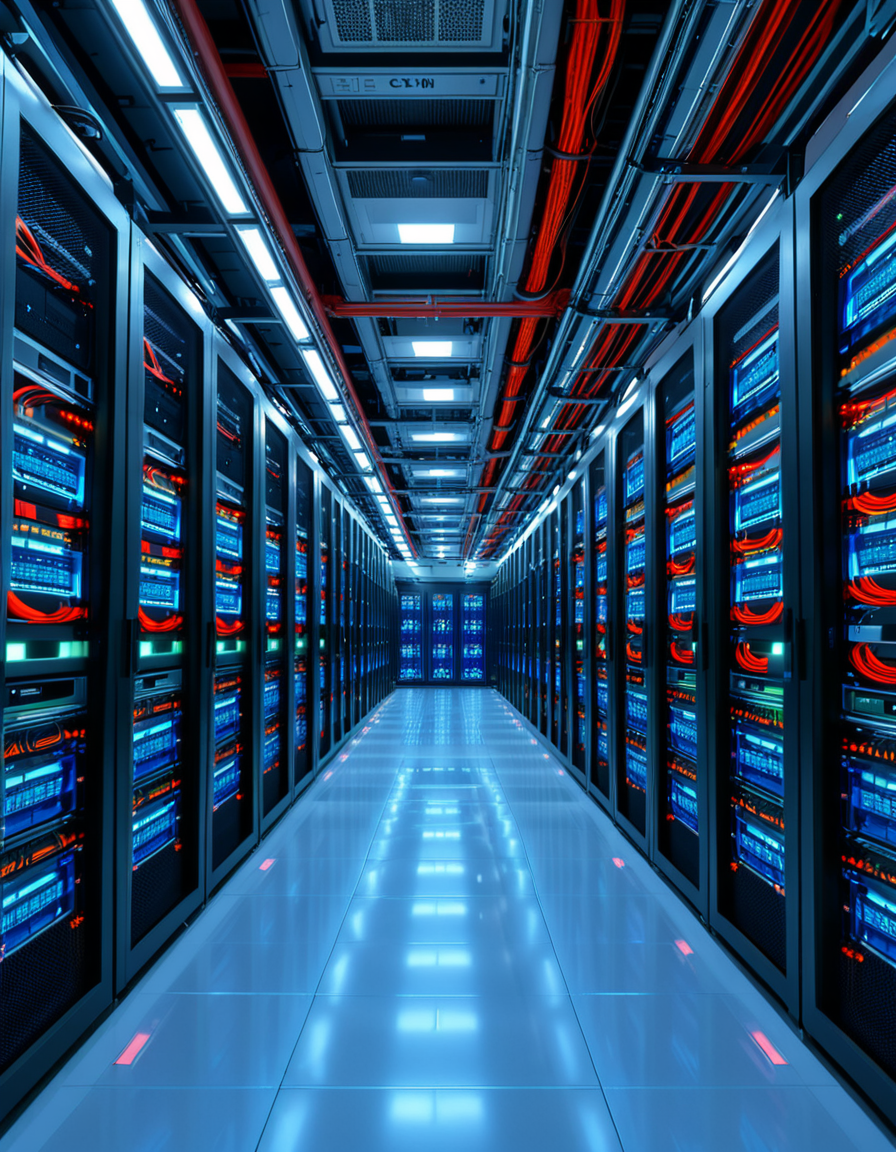 A high-security server room with dim, cold blue lighting and rows of towering black server racks filled with blinking LED indicators. The air is sterile, with a faint hum of cooling fans and the soft beeping of data transfers. Thick, reinforced cables snake across the floor, connecting the machines to a central security terminal displaying encrypted code on multiple high-resolution monitors. The walls are lined with biometric scanners, surveillance cameras, and warning signs indicating "Restricted Access" and "Cyber Threat Level: High." A red emergency light subtly glows in the background, casting a sense of urgency. The atmosphere is ultra-modern and highly secure, evoking the feeling of a top-secret data vault or cyber warfare control center.
<lora:SDXLFaeTastic2400:0.4> <lora:extremely_detailed:0.4> extremely detailed, <lora:high-security_s3rv3r_r00m:1>,high-security s3rv3r r00m, Masterpiece,best quality,hi res,8k,hi res,8k,award winning,(sharp focus, intricate, highly detailed),