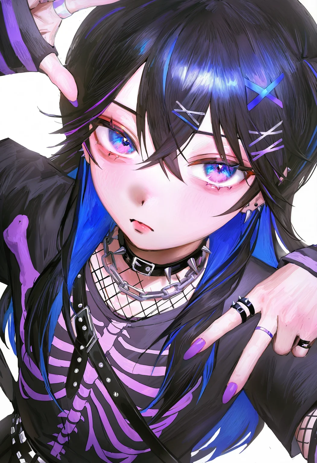 <lora:bGV0c2ZpbmFsYW5zd2Vy-noobaiXLNAIXL_epsilonPred_V110_V1-CAME>, bGV0, solo, 1girl, layered sleeves, ring, striped sleeves, black hair, shirt, black shirt, spikes, jewelry, multiple rings, spiked collar, looking at viewer, short over long sleeves, white background, hair ornament, arm warmers, long sleeves, chain necklace, hair between eyes, collar, belt, simple background, multicolored hair, fishnets, hairclip, upper body, striped clothes, closed mouth, arm belt, belt collar, long hair, blue eyes, necklace, fishnet top, v, striped shirt, black collar, crossed bangs, blue hair, colored inner hair, sleeves past wrists, purple eyes, purple nails, buckle, skeleton print, double v, short sleeves, fingernails, black belt, punk, x hair ornament, hands up, print shirt, virtual youtuber, chain, studded belt, multiple belts, frown