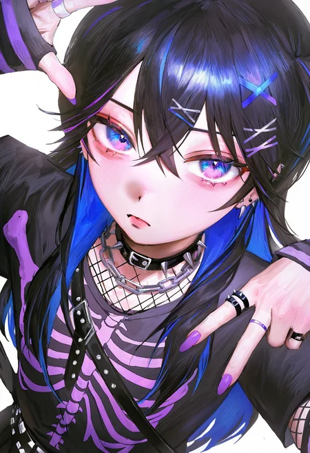 <lora:bGV0c2ZpbmFsYW5zd2Vy-noobaiXLNAIXL_epsilonPred_V110_V1-CAME>, bGV0, solo, 1girl, layered sleeves, ring, striped sleeves, black hair, shirt, black shirt, spikes, jewelry, multiple rings, spiked collar, looking at viewer, short over long sleeves, white background, hair ornament, arm warmers, long sleeves, chain necklace, hair between eyes, collar, belt, simple background, multicolored hair, fishnets, hairclip, upper body, striped clothes, closed mouth, arm belt, belt collar, long hair, blue eyes, necklace, fishnet top, v, striped shirt, black collar, crossed bangs, blue hair, colored inner hair, sleeves past wrists, purple eyes, purple nails, buckle, skeleton print, double v, short sleeves, fingernails, black belt, punk, x hair ornament, hands up, print shirt, virtual youtuber, chain, studded belt, multiple belts, frown