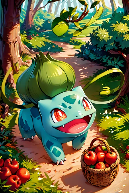 score_9, score_8_up, score_8, ,,, zzBulbasaur, smile, open mouth, red eyes, holding, standing, :d, outdoors, food, day, tongue, blurry, tree, fruit, leaf, fangs, grass, bright pupils, claws, white pupils, apple, basket, bush, vines, holding basket, <lora:BulbasaurPokedexPDXL:1.0>, ,,, embedding:zPDXL, Expressiveh, <lora:CatalystStylePDXL:0.6>, <lora:SDXLFaeTastic2400:0.5>, <lora:Expressive_H-000001:0.4>,