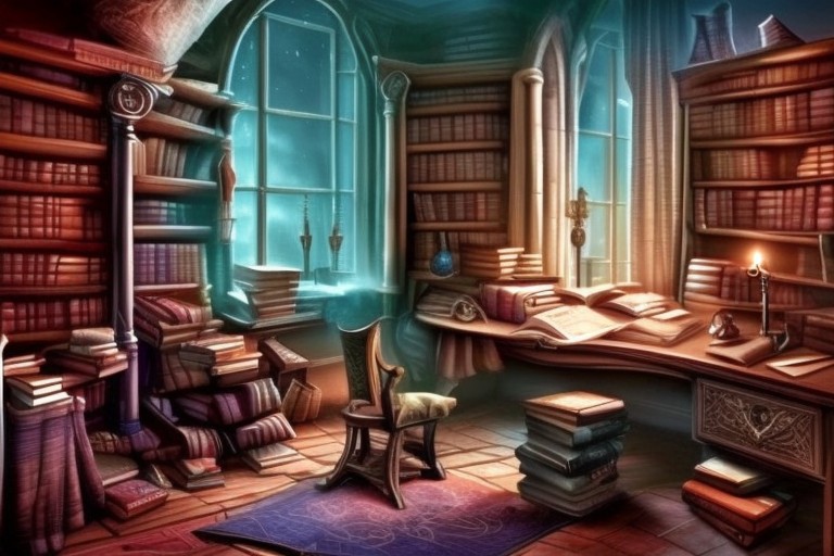 a fantasy bedroom that is also the owner's personal library with books everywhere
FanStu
