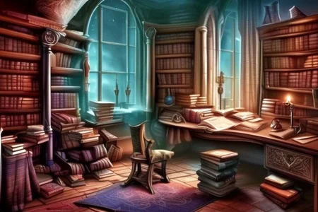 a fantasy bedroom that is also the owner's personal library with books everywhere
FanStu