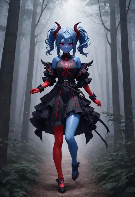 highres,best quality,ponytail, full body,short height,happy,(purple eyes),photograph,realistic lighting,cute face,1girl,red tips on hair,red skin, fantasy world,in the forest, warlock,demon horns,skull logo, DonMD3m0nXL,blue skin:1.4, yellow eyes, anime style,blue flame,flames around hands,fantasy adventure outfit,fighting stance,dragon tail:1.5,brown shorts,thick tail:1.3,snake tail:1.3