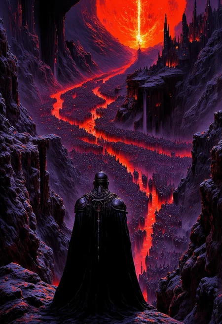 Morgoth stands on the edge of a jagged cliff, his massive, armored form and spiked helmet silhouetted against a fiery, glowing horizon. From an over-the-shoulder view, the scene captures the dark lord gazing upon his endless army marching in perfect formation across a desolate, ominous landscape. The eerie atmosphere is heightened by vibrant, glowing colors that clash with deep shadows, creating a chiaroscuro effect that emphasizes the contrast between light and darkness. The epic scale of the scene is infused with mystery and menace, embodying the dark fantasy essence of Lord of the Rings,reflections,crowd, best quality, masterpiece,detailed,dramatic,over the shoulder view,from behind,(close-up:1.5), main focus on Morgoth, asymmetrical compsition, depth of field, forced perspective,traditional media,frank frazetta,nicola samori,gustave dore, J. r. r. tolkien,
best quality,masterpiece,Directional Lighting,
Tempera, Asymmetry, Solarized,intricate, highly detailed, high contrast, strong shadows, dry brush, oil on canvas,colorful,infrared,ultraviolet,grisaille