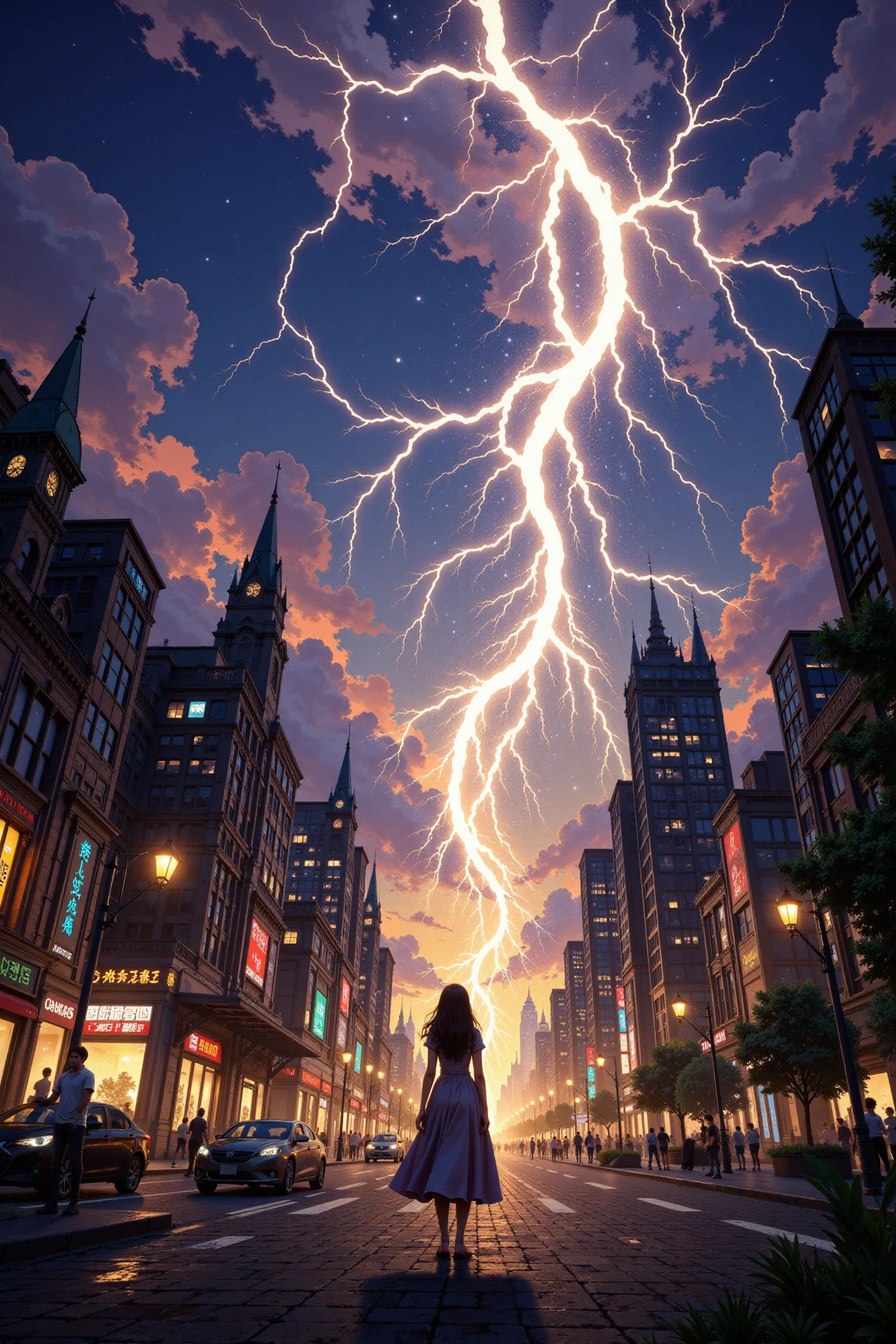 lightning bolts falling in a city beautiful anime landscape, evening, woman, very intricate, very detailed, sharp, bright, colorful, <lora:Hand v2:0.5> <lora:Anti-Blur:1><lora:Insane Detail Slider:0.25>  <lora:flux.1_lora_flyway_Epic-detail_v2:0.3> <lora:fluxenhancer:0.25> <lora:ROWER:0.6> <lora:flux-charmer-v1-1:0.4> <lora:Colorful_Fantasy_Art_for_FLUX:1> fantasy art
